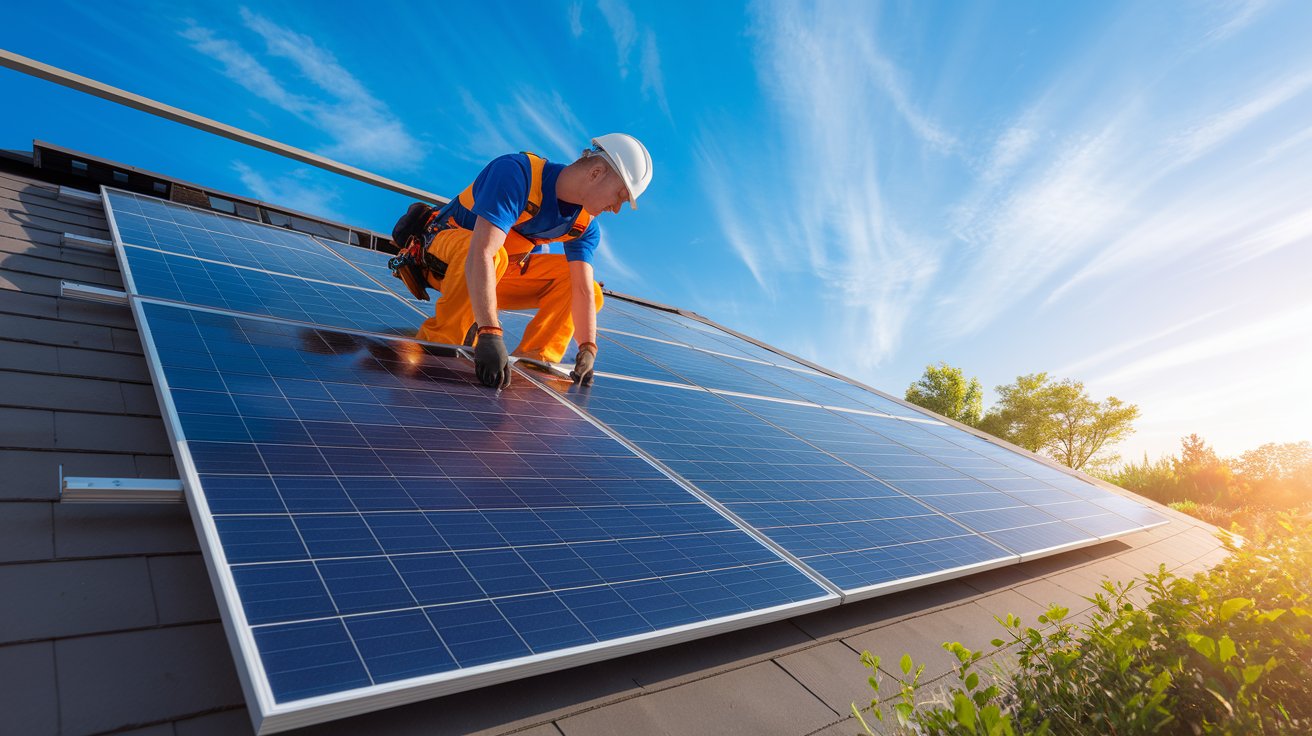 Profesional instalando una placa fotovoltaica